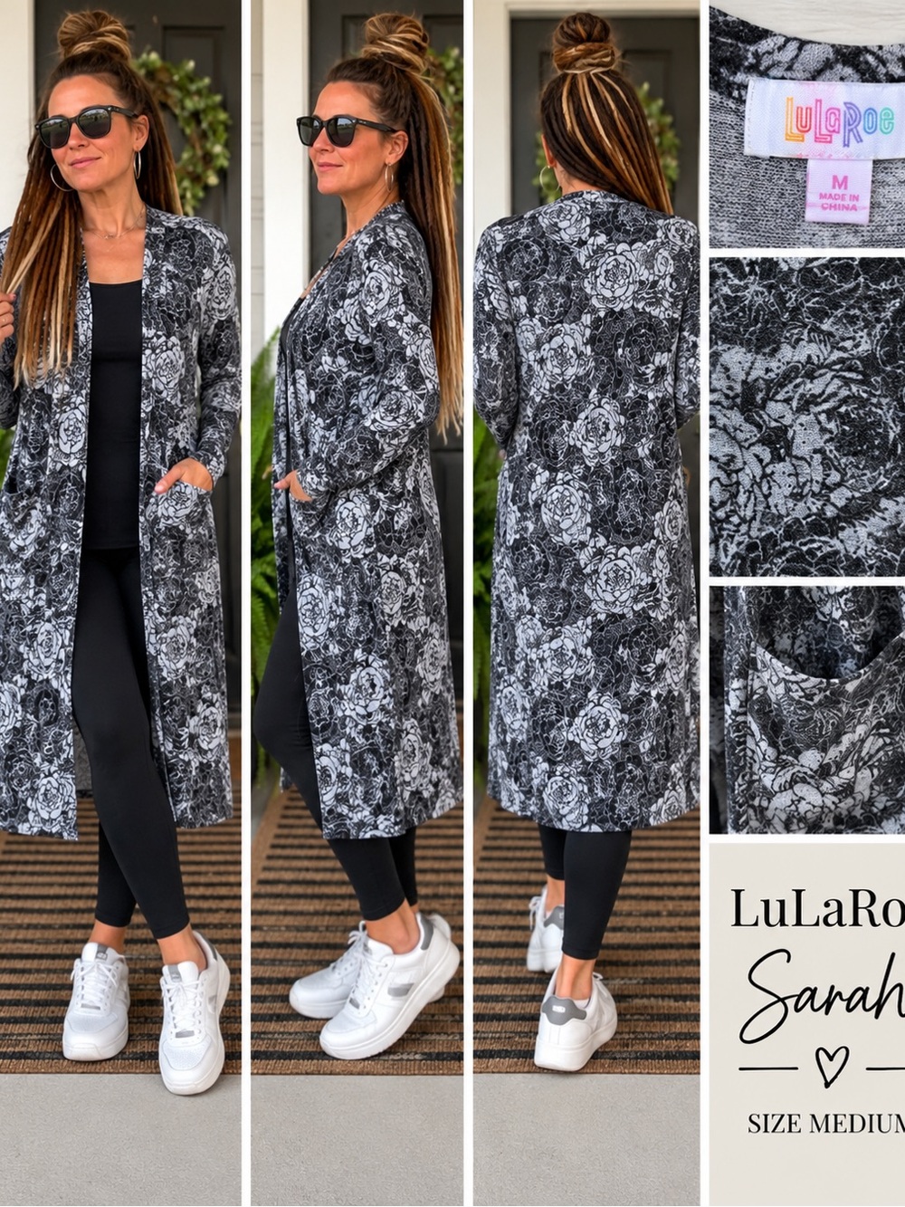LuLaRoe Sarah Duster Cardigan - Black & White Floral